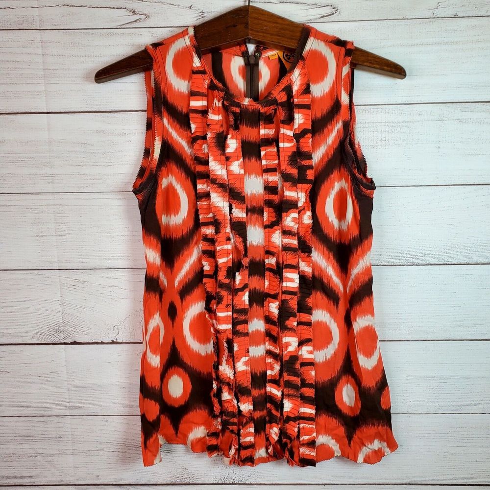 Tory Burch Retro Circles Orange Brown Silk Scoop Neck Tank Top Blouse Si…